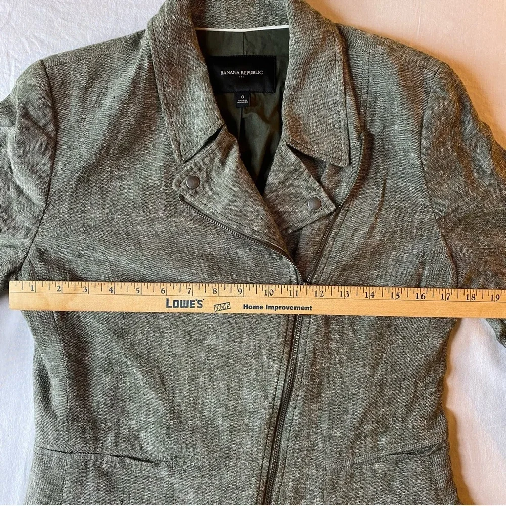 Banana Republic Jacket Women 8 Rifle Green Linen Blend Moto Long Sleeve